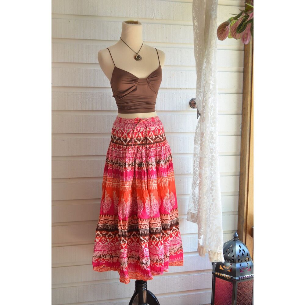 Vintage Y2K Christopher & Banks Paisley Maxi Skirt Pink Orange Boho - M